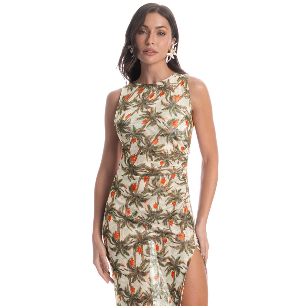 Vestido Midi Tule Franzido Coqueiros Laranja - Imagem 1