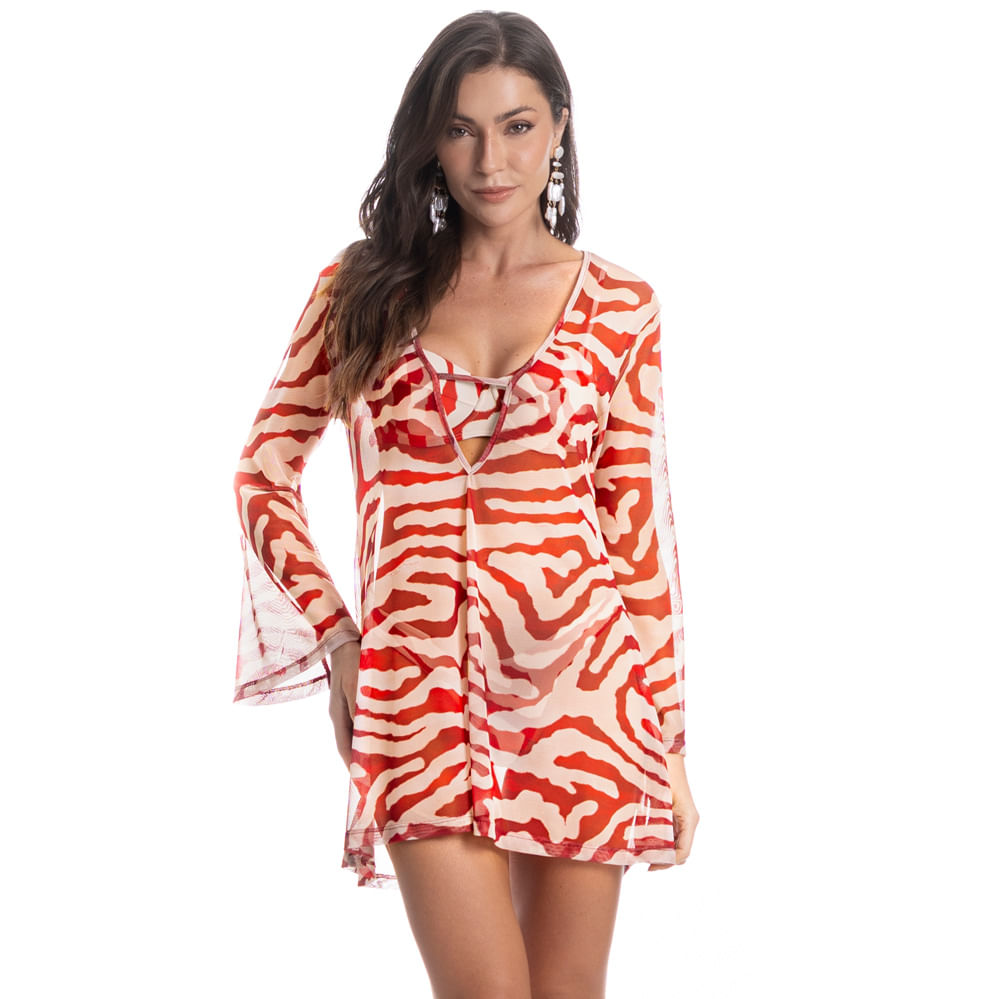 Vestido Com Manga Tule Carmini Vermelho - Imagem 1