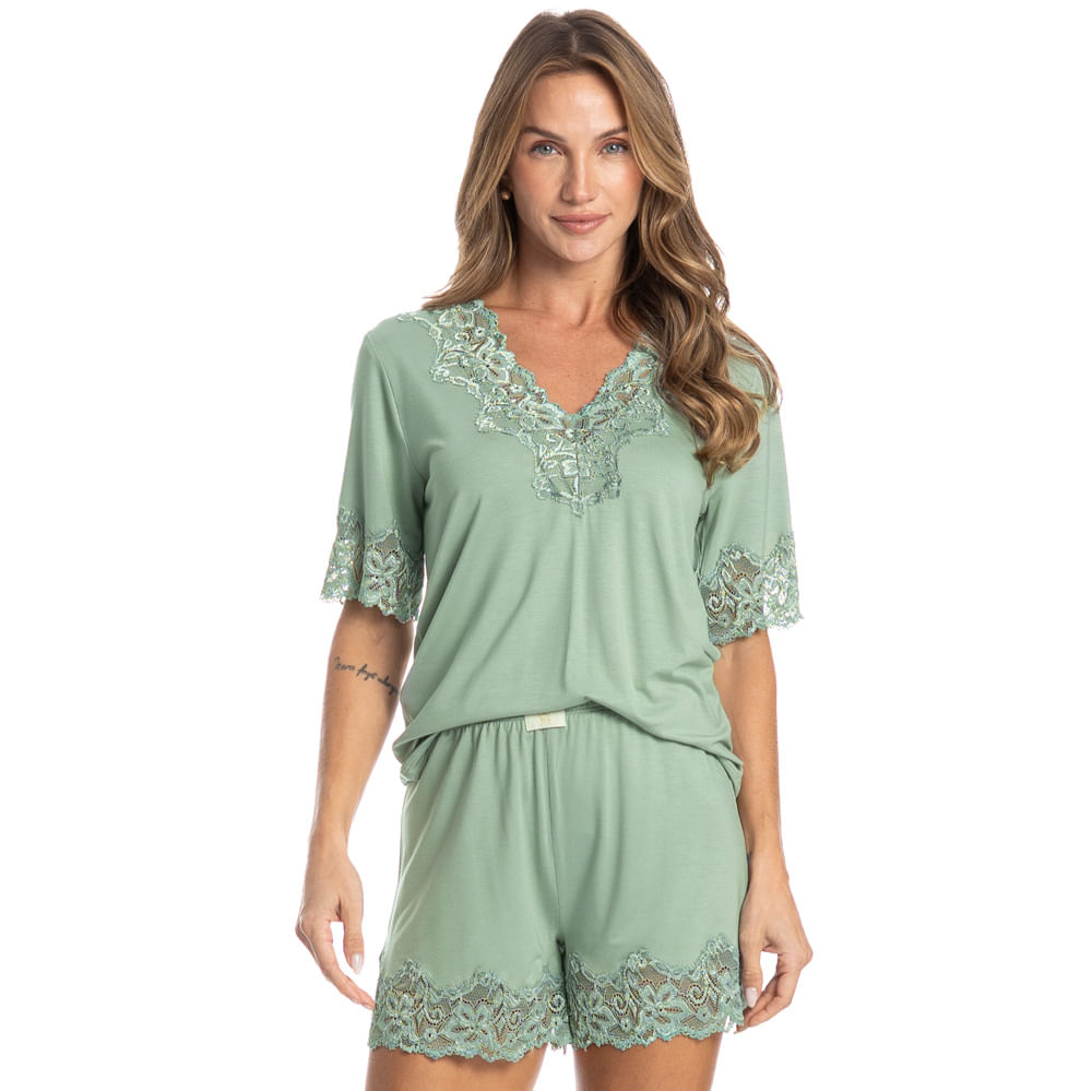 Pijama Curto Com Renda Melina Verde - Imagem 1