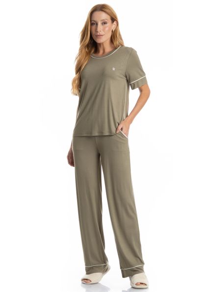 Pijama Longo Com Bolso Manga Curta Lisa Verde - Imagem 1
