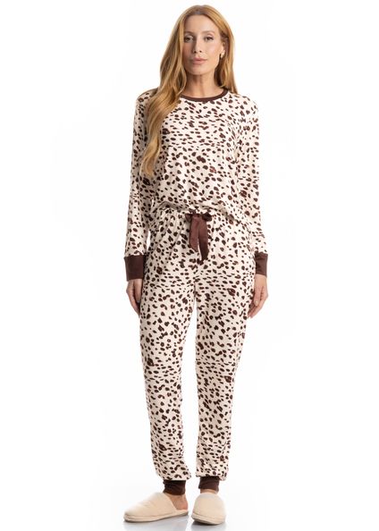 Pijama Feminino Longo Estampado Antonella Bege - Imagem 1