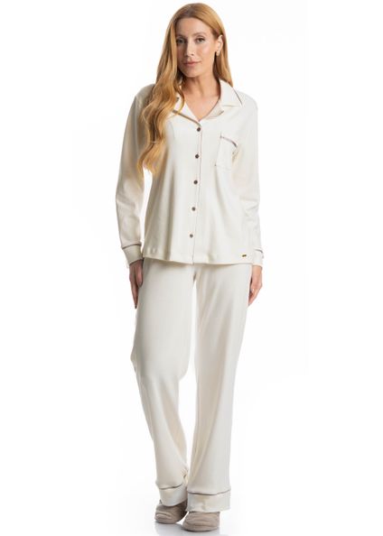 Pijama Feminino Longo Americano Louise Branco - Imagem 1