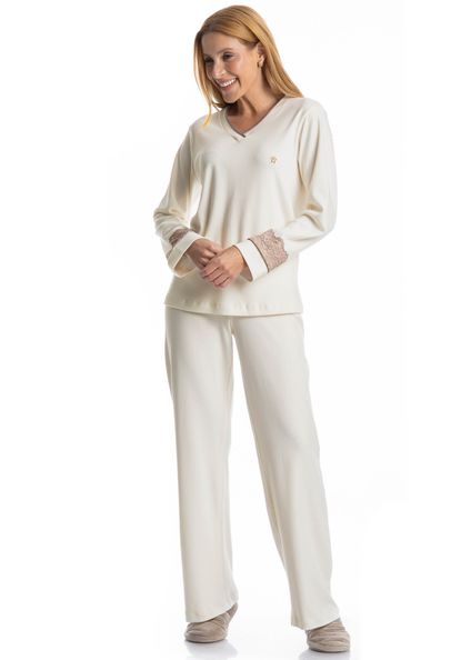 Pijama Longo Manga Com Renda Louise Branco - Imagem 1