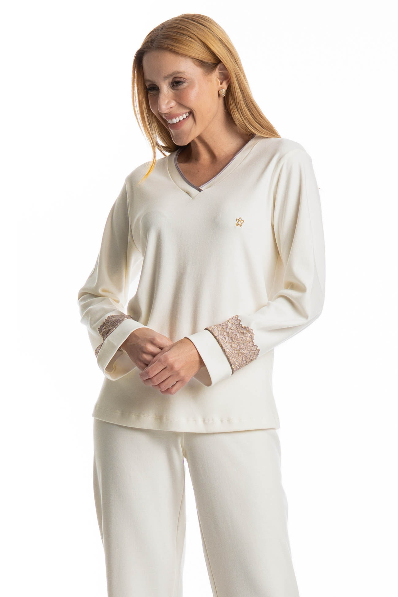 Pijama Longo Manga Com Renda Louise - Imagem 3 - Mobile