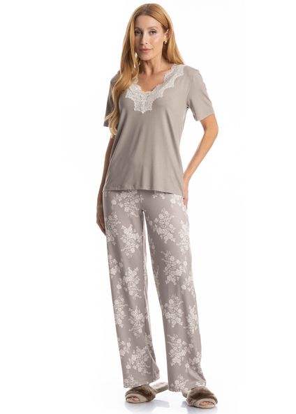 Pijama Feminino Longo Manga Curta Clarisse Bege - Imagem 1