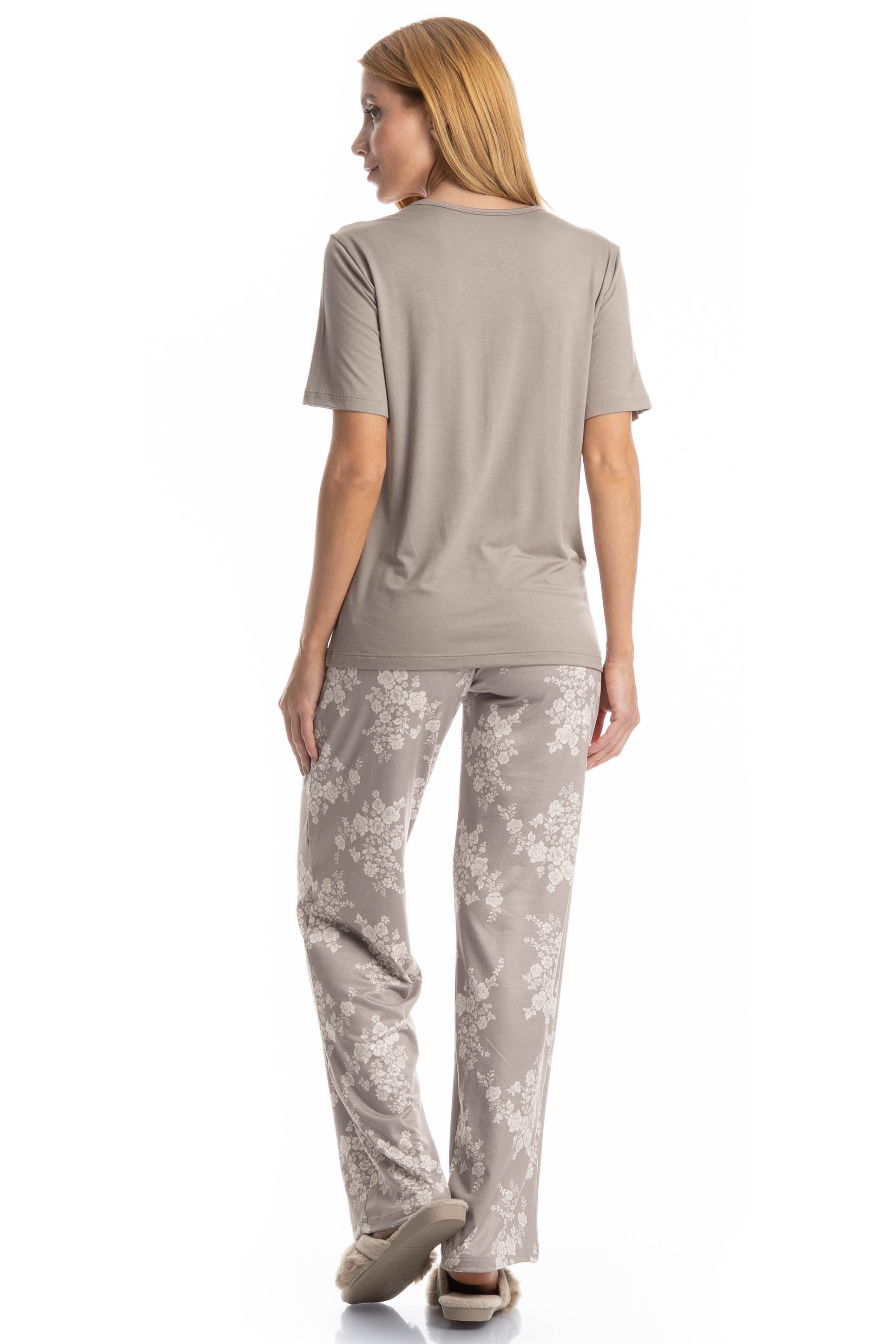 Pijama Feminino Longo Manga Curta Clarisse Bege - Imagem 2