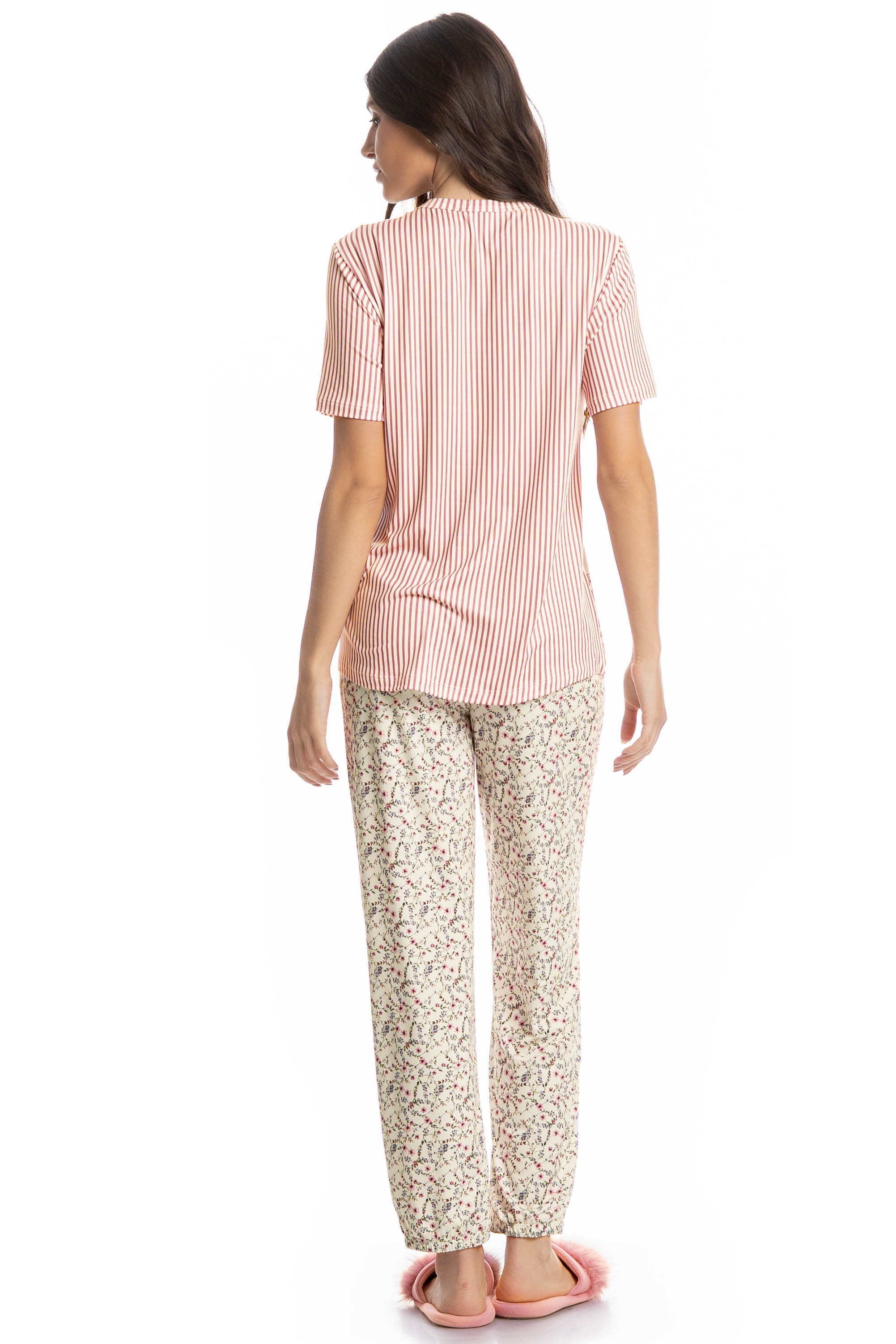 Pijama Longo Manga Curta Flor Branco - Imagem 2