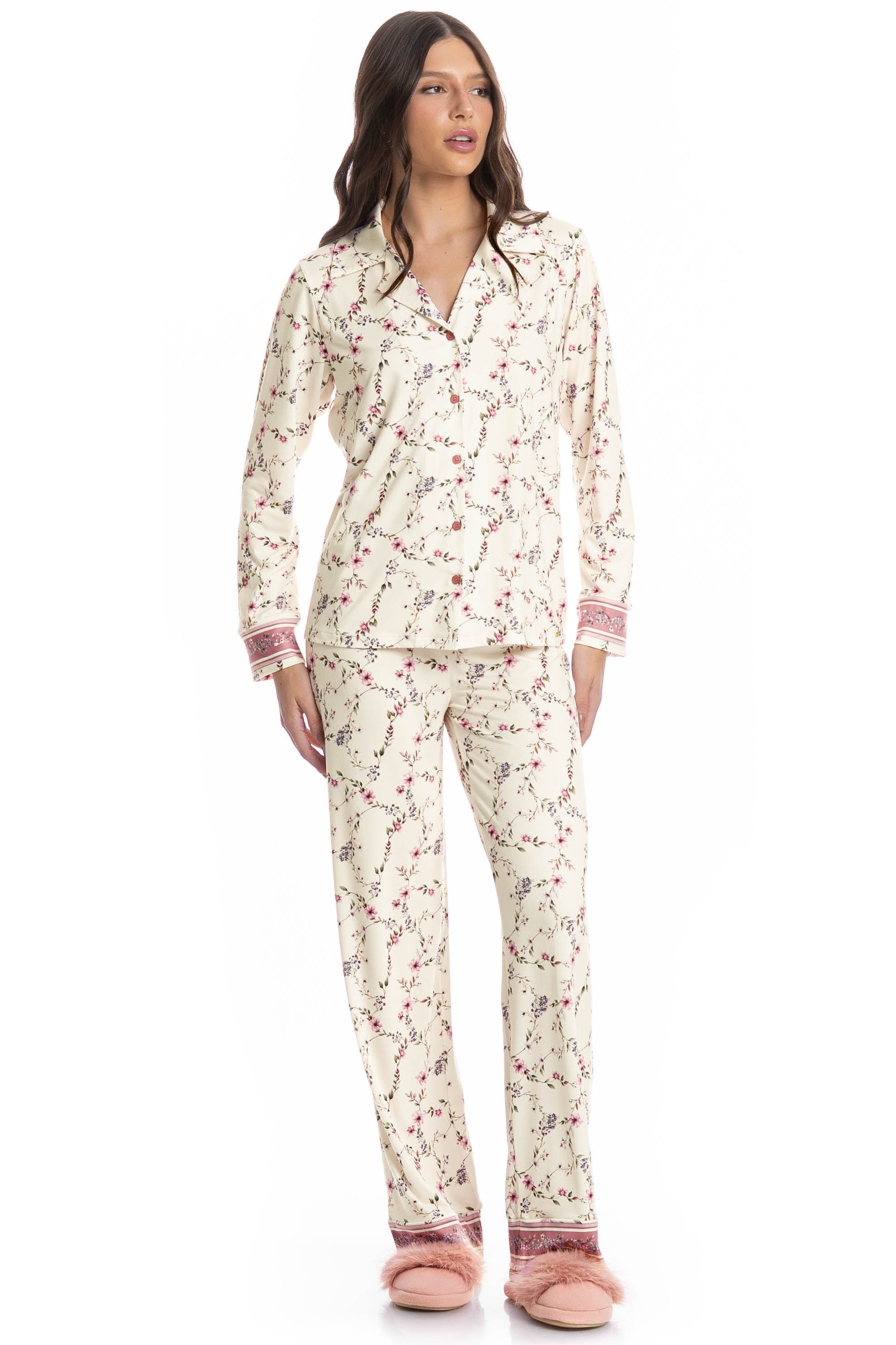 Pijama Longo Americano Flor Branco - Imagem 1