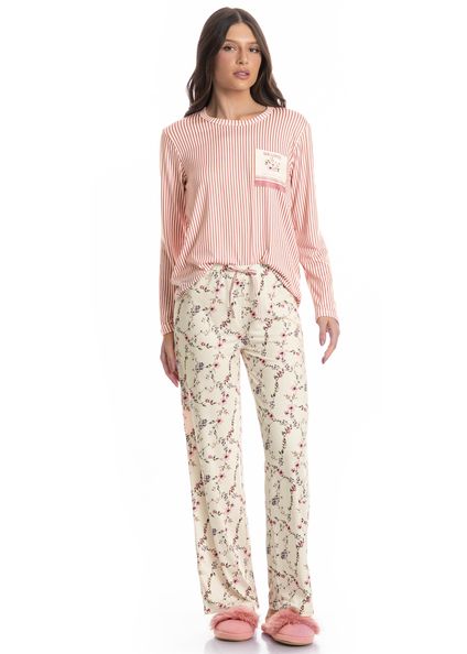 Pijama Feminino Longo Flor Branco - Imagem 1