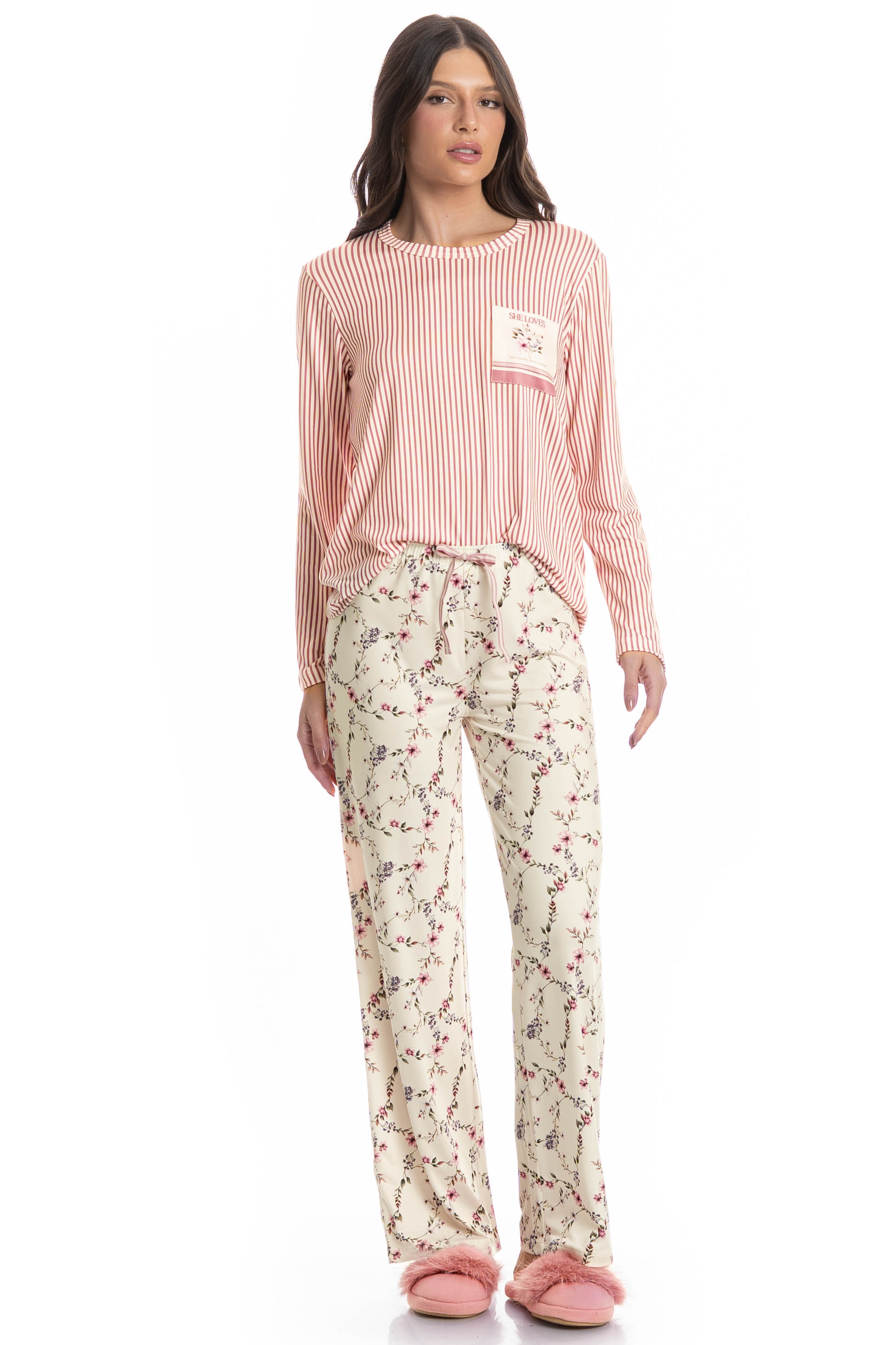 Pijama Feminino Longo Flor Branco - Imagem 1