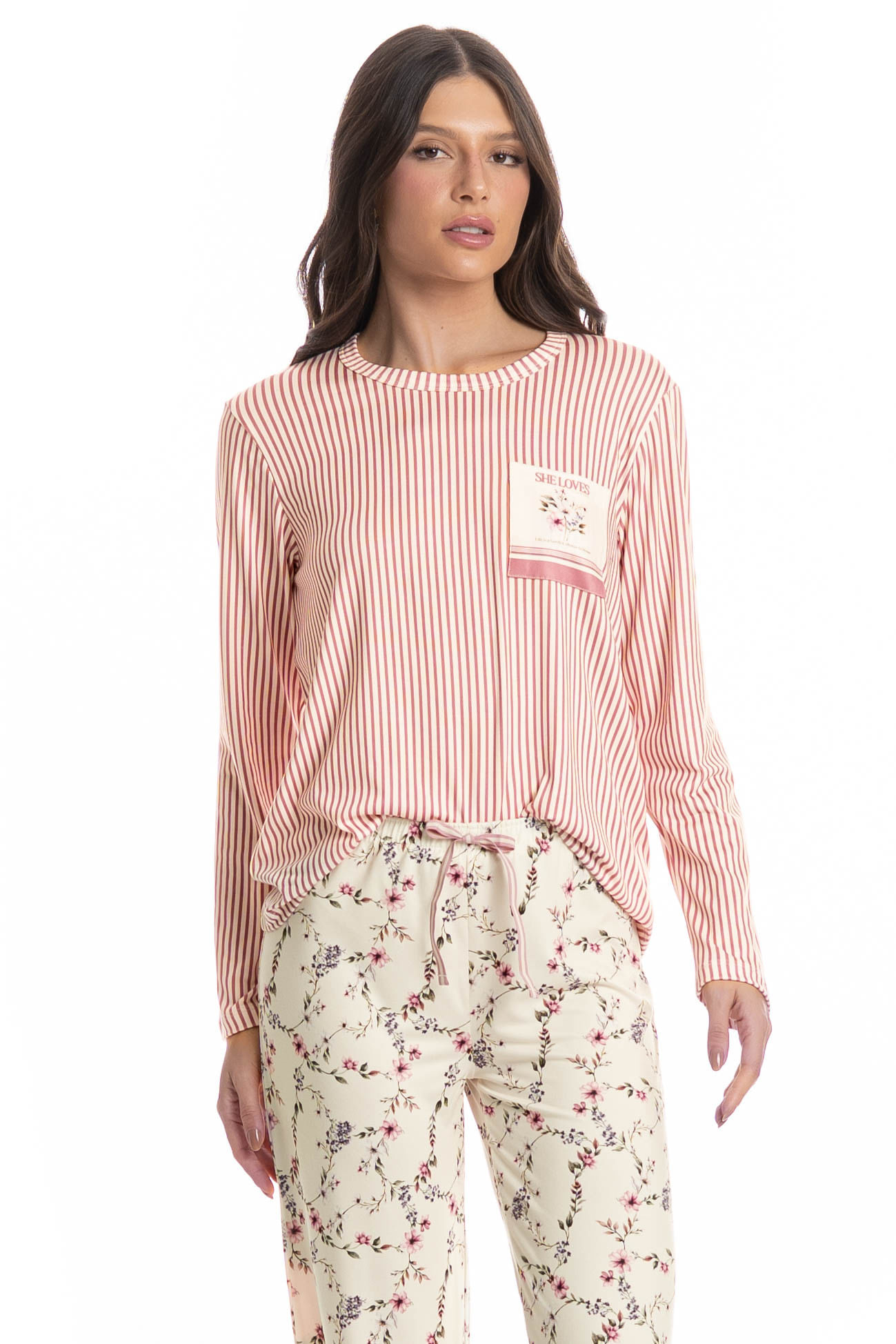 Pijama Feminino Longo Flor - Imagem 3 - Mobile