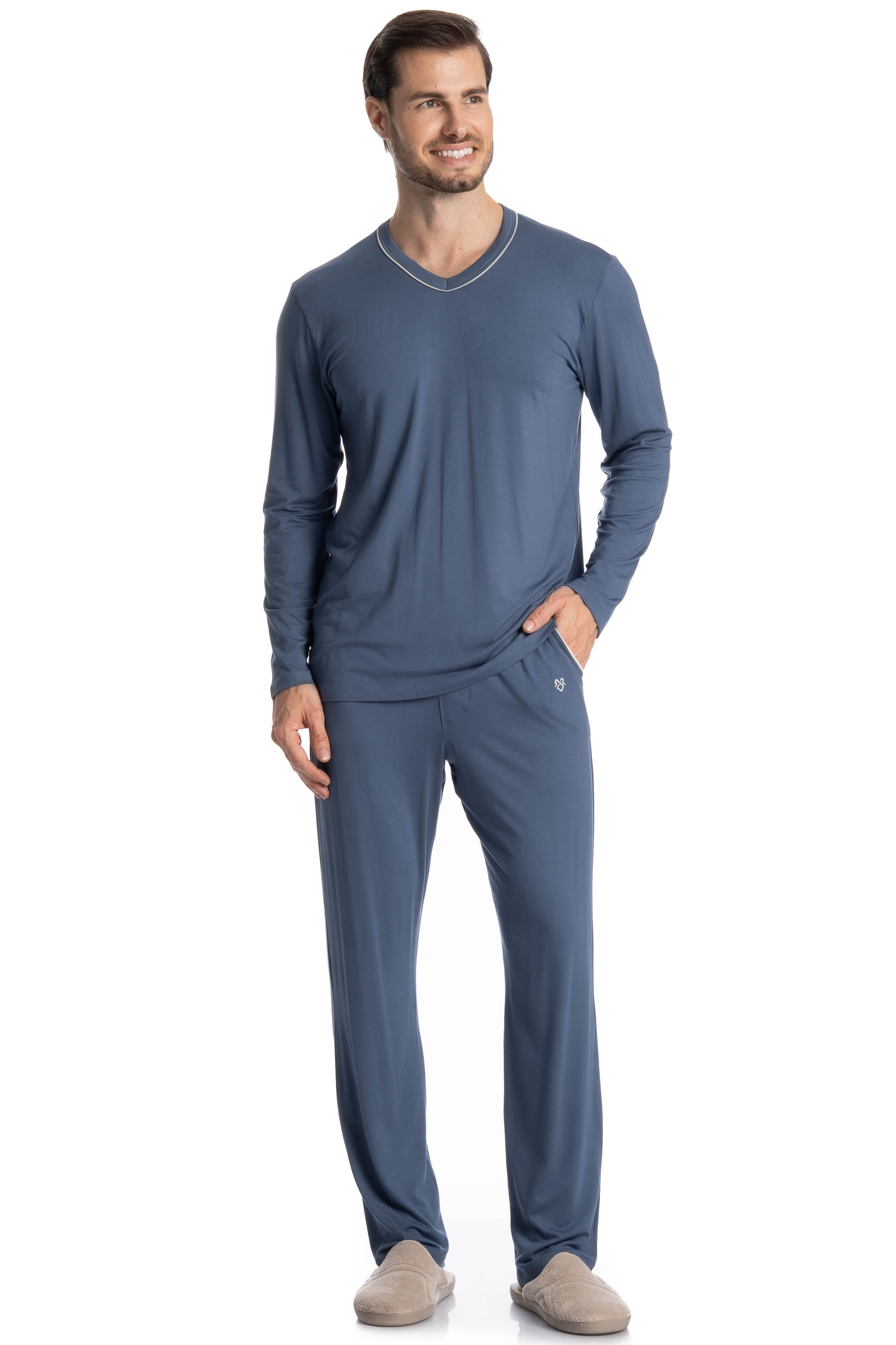 Pijama Masculino Longo Com Bolso Lucca Azul-2 - Imagem 1