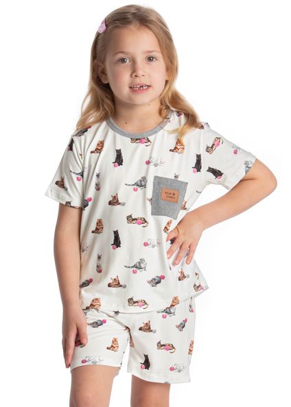 Pijama Curto Infantil Cats Branco - Imagem 1