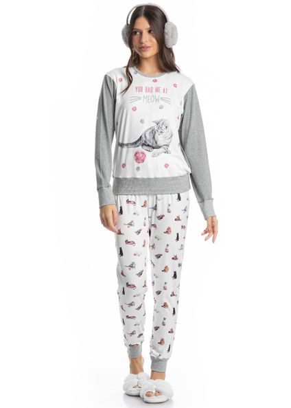 Pijama Feminino Longo Cats Branco - Imagem 1