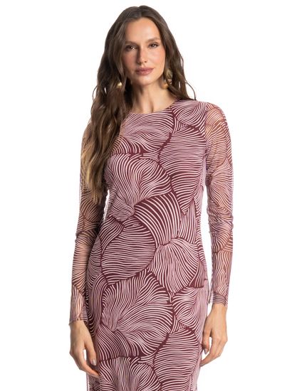 Vestido Manga Longa De Tule Merlot - Imagem 3 - Desktop