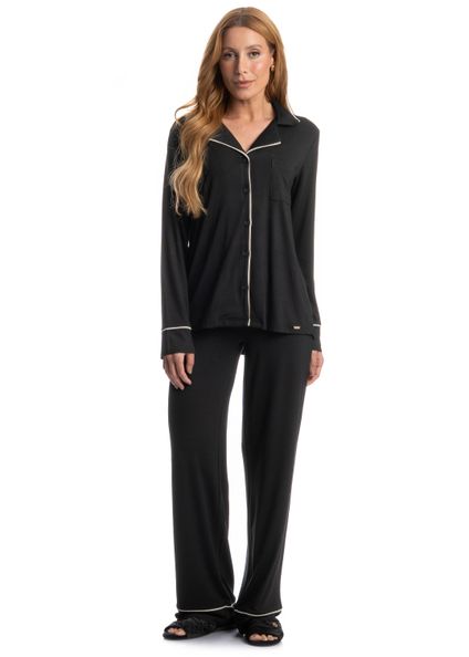 Pijama Feminino Longo Americano Carolina Preto - Imagem 1