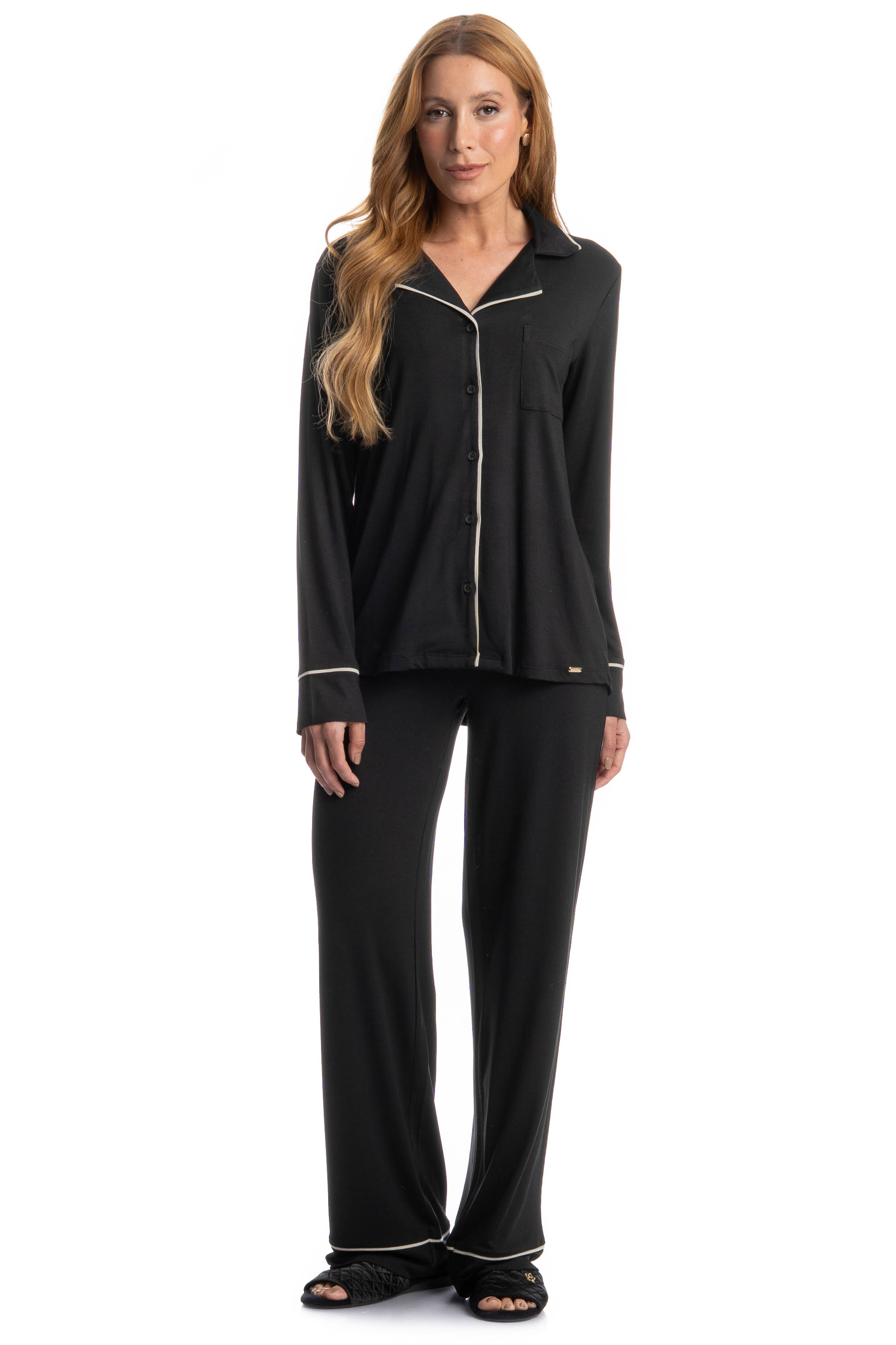 Pijama Feminino Longo Americano Carolina Preto - Imagem 1