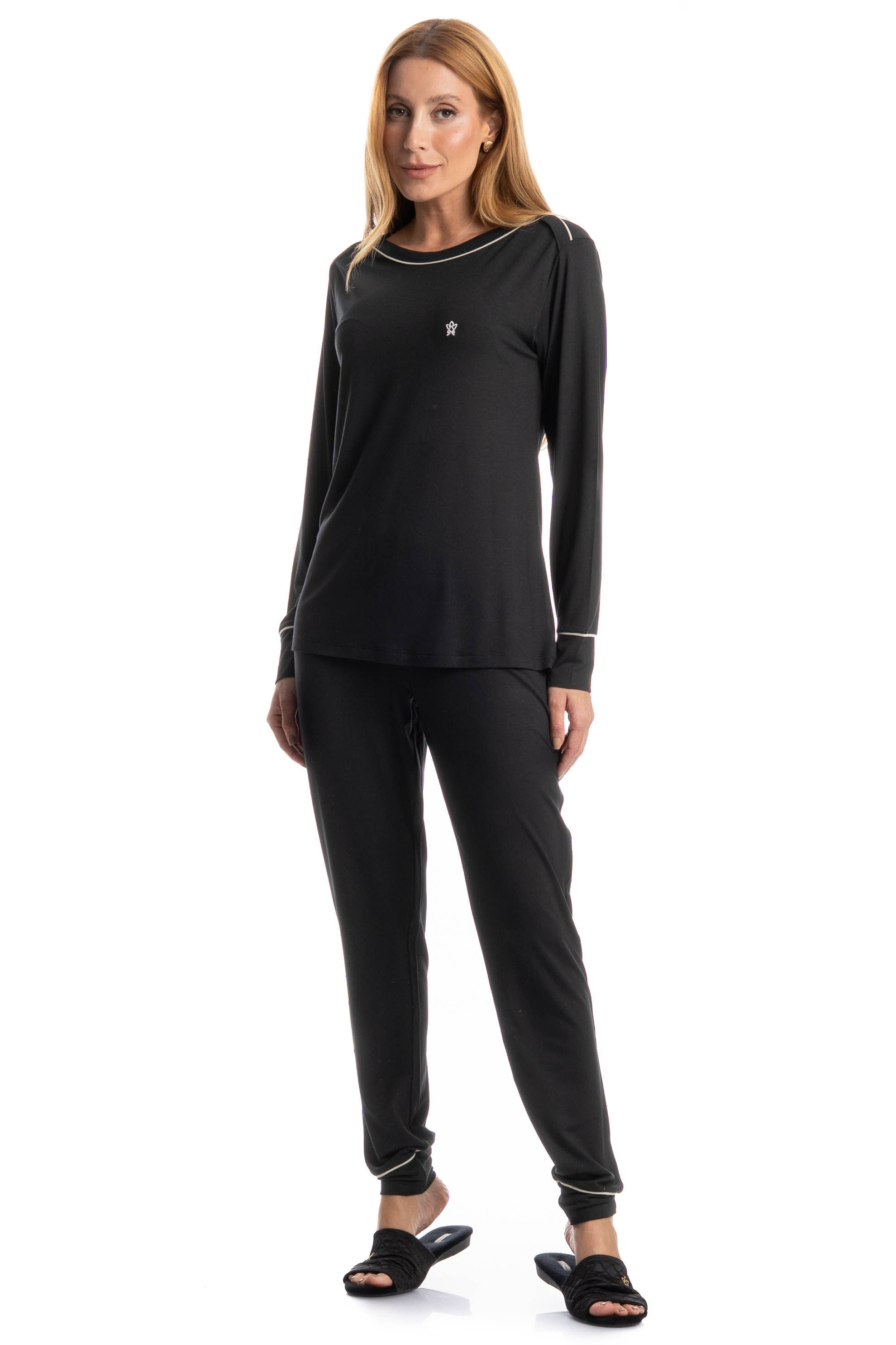 Pijama Feminino Longo Carolina Preto - Imagem 1