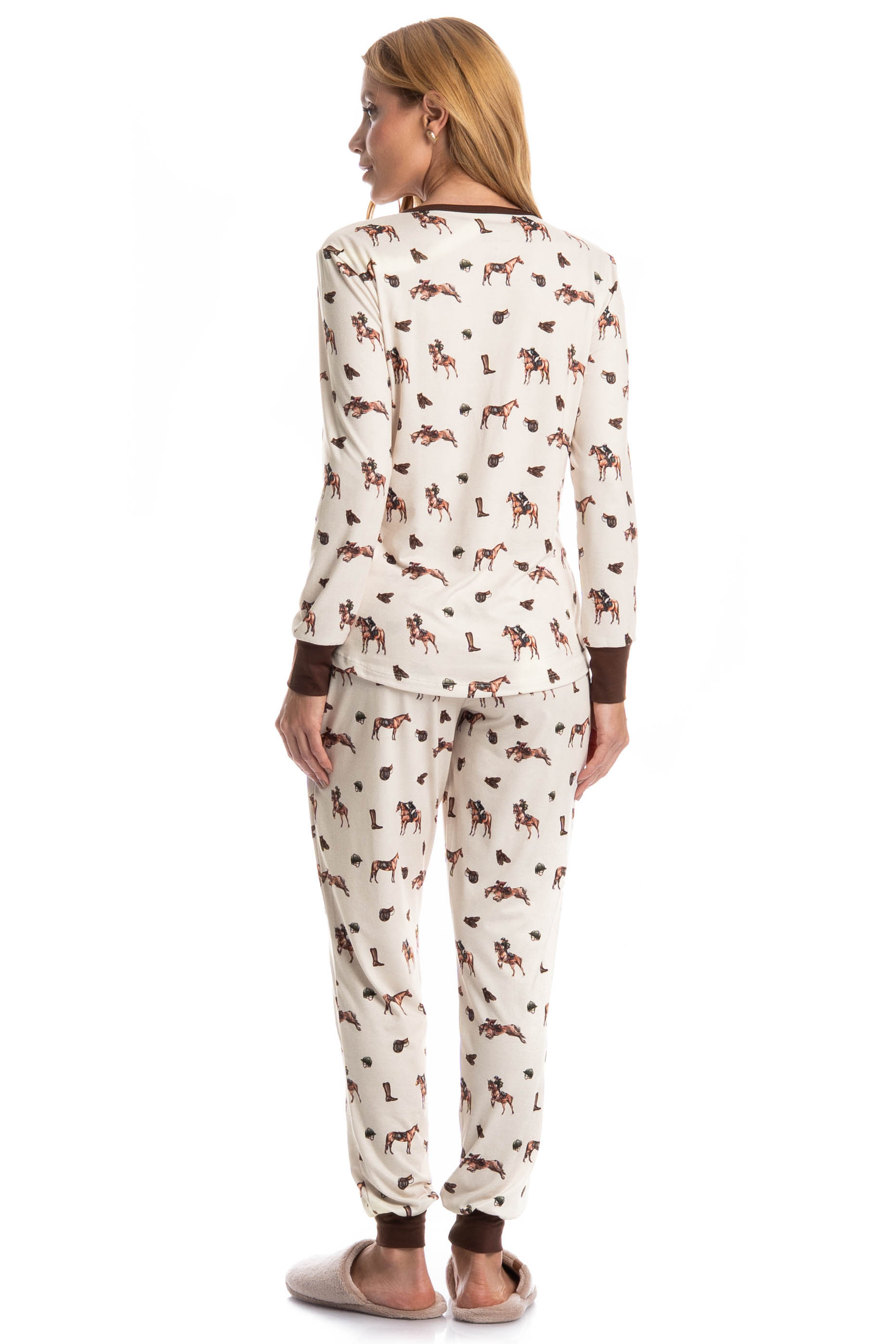 Pijama Longo Feminino Hipismo Bege - Imagem 2