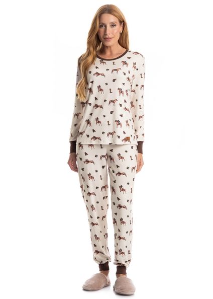 Pijama Longo Feminino Hipismo Bege - Imagem 1