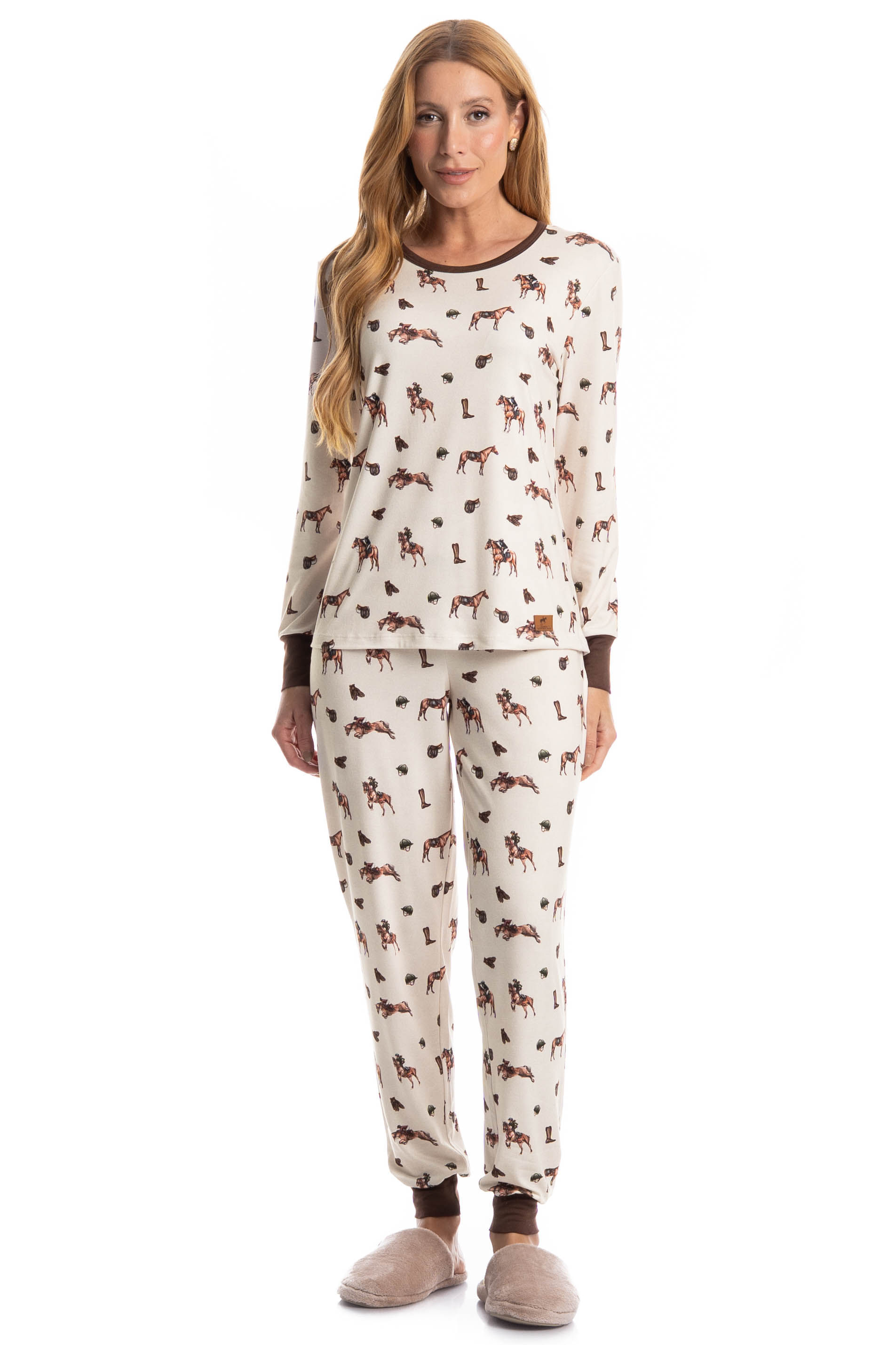 Pijama Longo Feminino Hipismo Bege - Imagem 1
