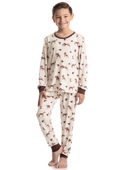 Pijama Longo Infantil Unissex Hipismo Bege - Imagem 1