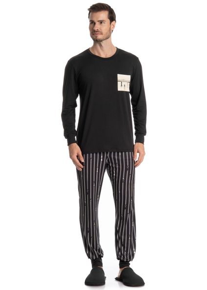 Pijama Longo Masculino Xadrez Preto - Imagem 1
