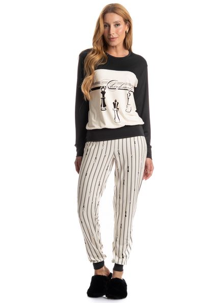 Pijama Feminino Longo Xadrez Preto - Imagem 1