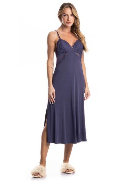 Camisola Midi Com Renda Lari Azul-marinho - Imagem 1