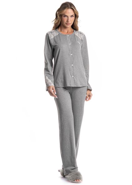 Pijama Feminino Longo Americano Erica Cinza - Imagem 1