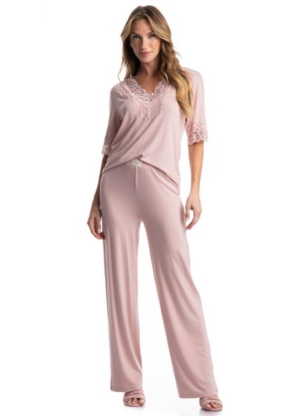 Pijama Feminino Longo Manga Curta Aurora Rosa-3 - Imagem 1