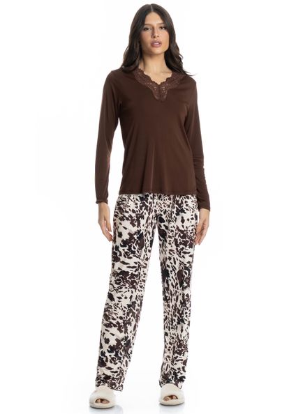Pijama Feminino Longo Lorena Bege - Imagem 1