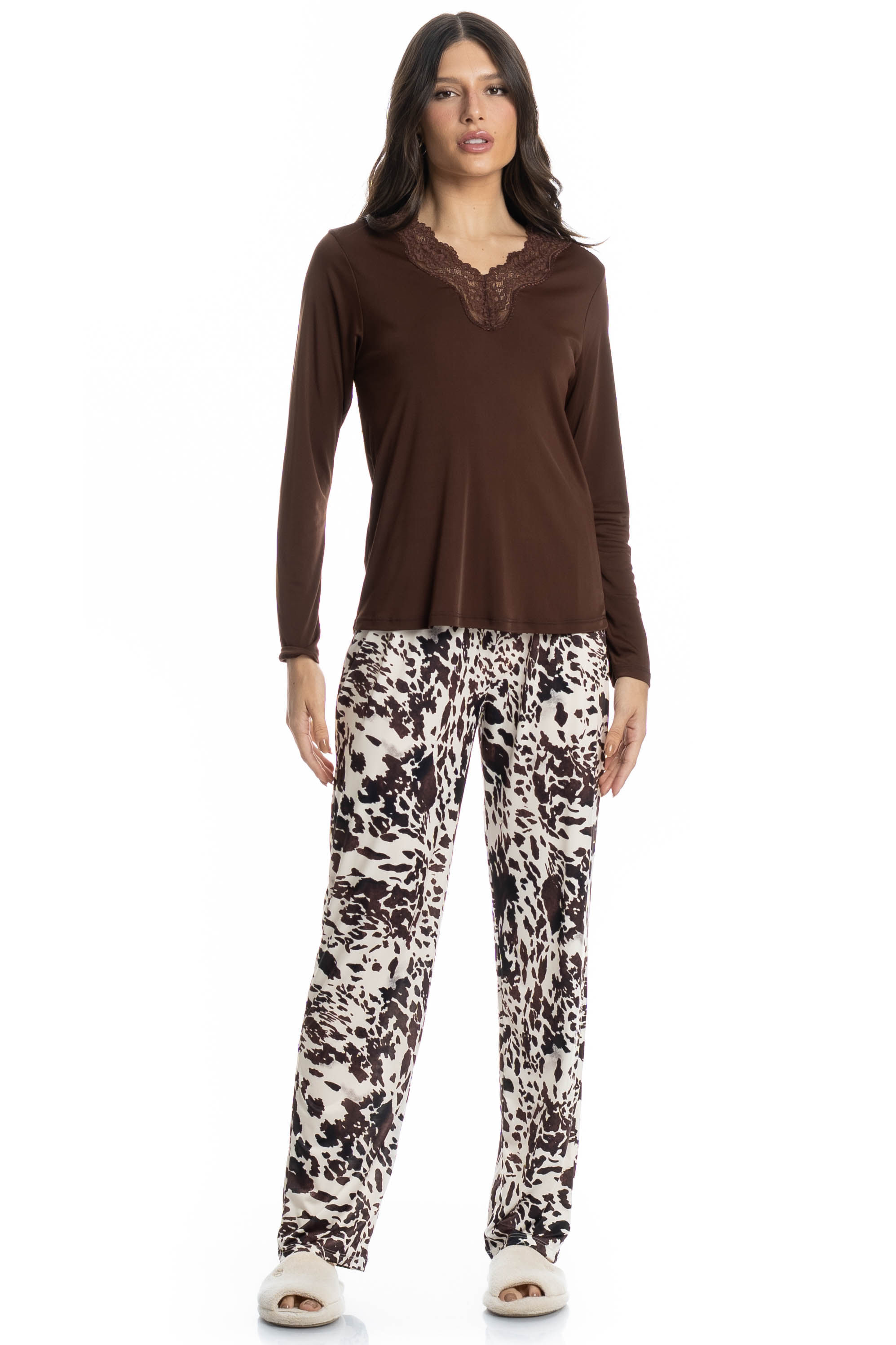 Pijama Feminino Longo Lorena Bege - Imagem 1