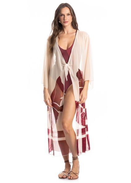 Kaftan De Tule Com Manga Folha Vinho - Imagem 1