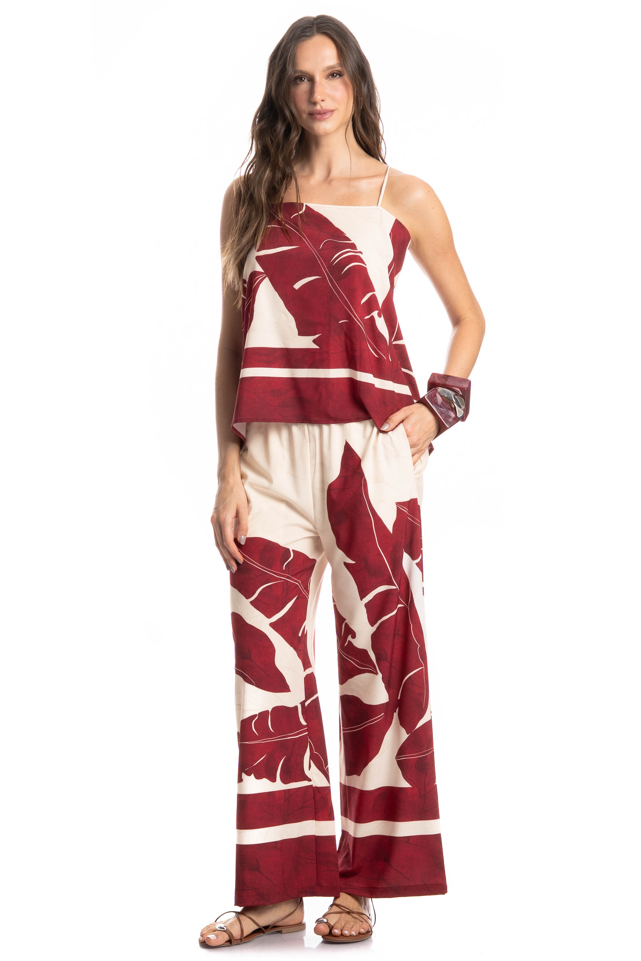 Calça Feminina Com Bolso Folha Vinho - Imagem 1