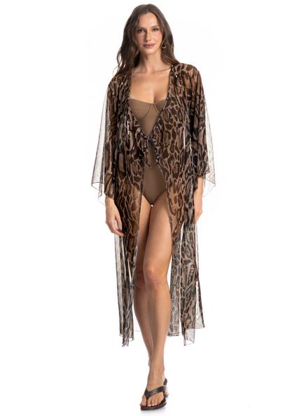 Kaftan De Tule Com Manga Onça Marrom - Imagem 1