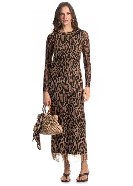 Vestido De Tule Com Manga Longa Onça Marrom - Imagem 1