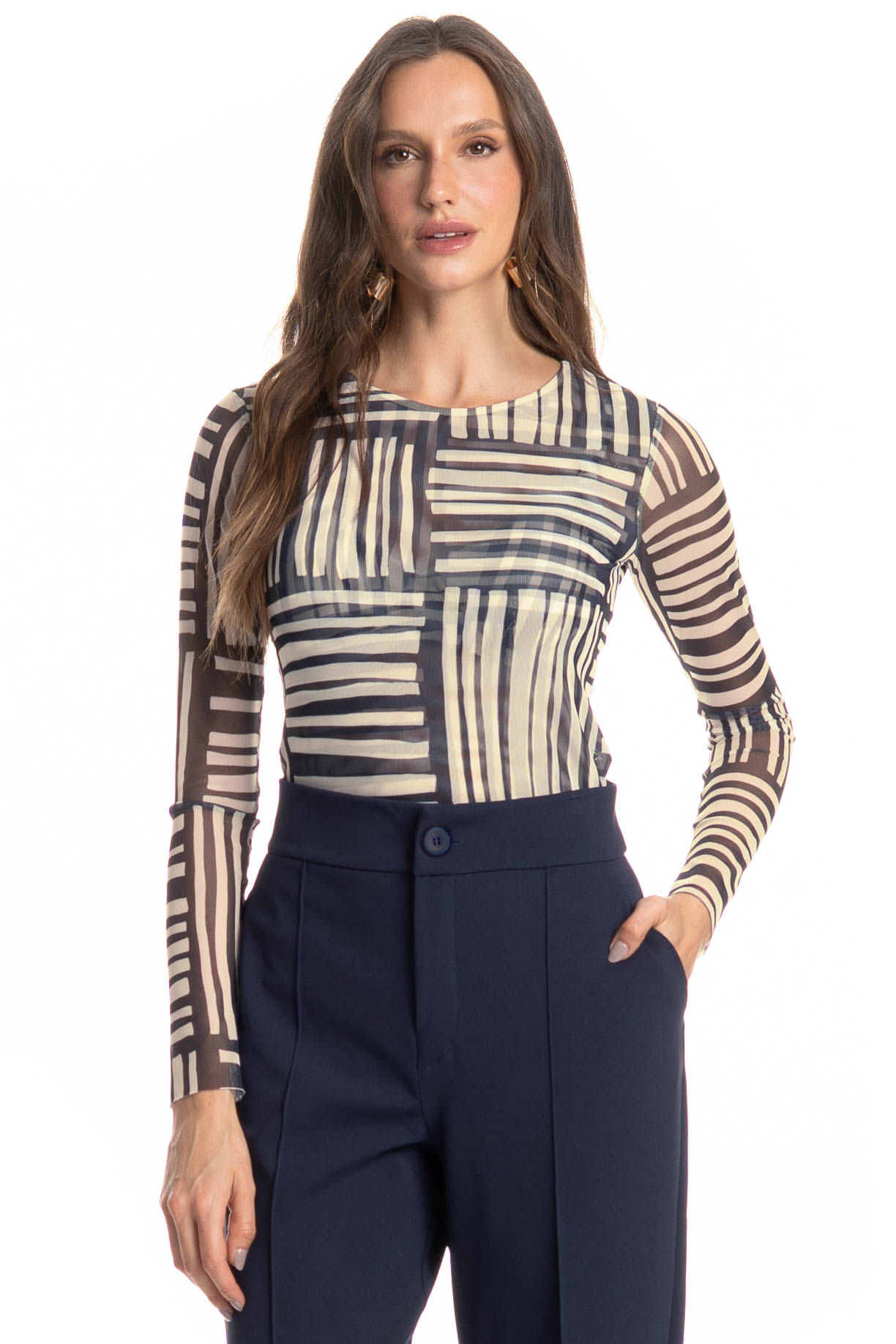 Blusa Manga Longa De Tule Montreal Azul-marinho - Imagem 1
