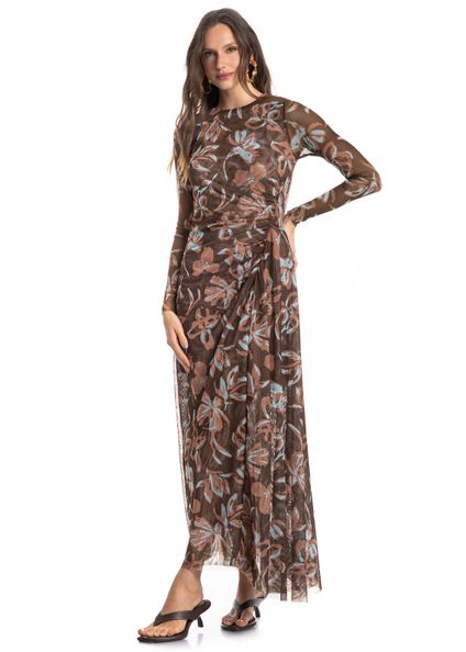 Vestido De Tule Com Combinete Franzido Jardim Marrom - Imagem 1