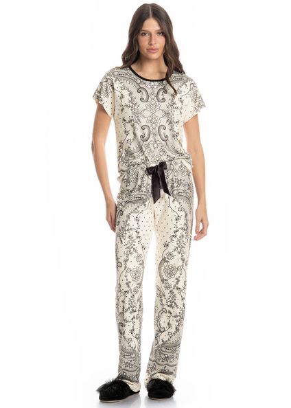 Pijama Feminino Longo Manga Curta Chiara Branco - Imagem 1
