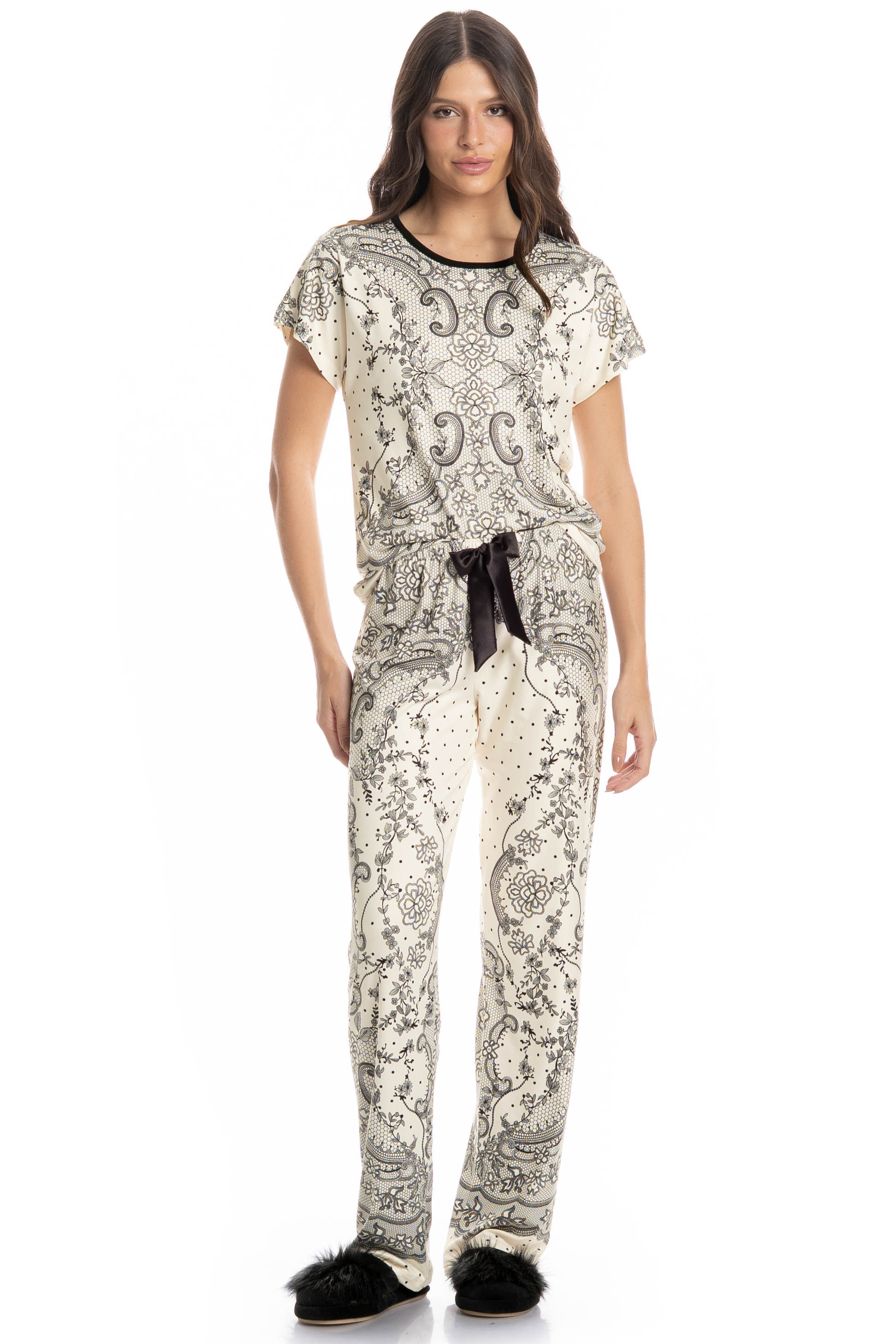 Pijama Feminino Longo Manga Curta Chiara Branco - Imagem 1