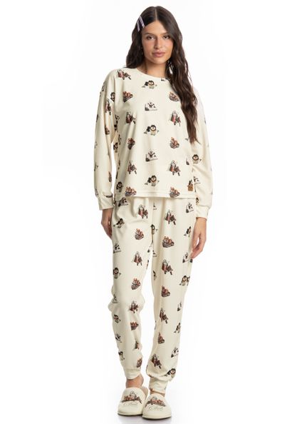 Pijama Longo Velvet Country Moka Branco - Imagem 1