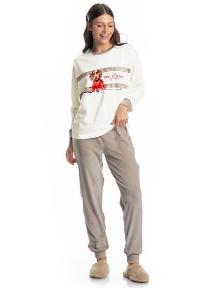 Pijama Feminino Longo Velvet Dogs Golf Bege - Imagem 1