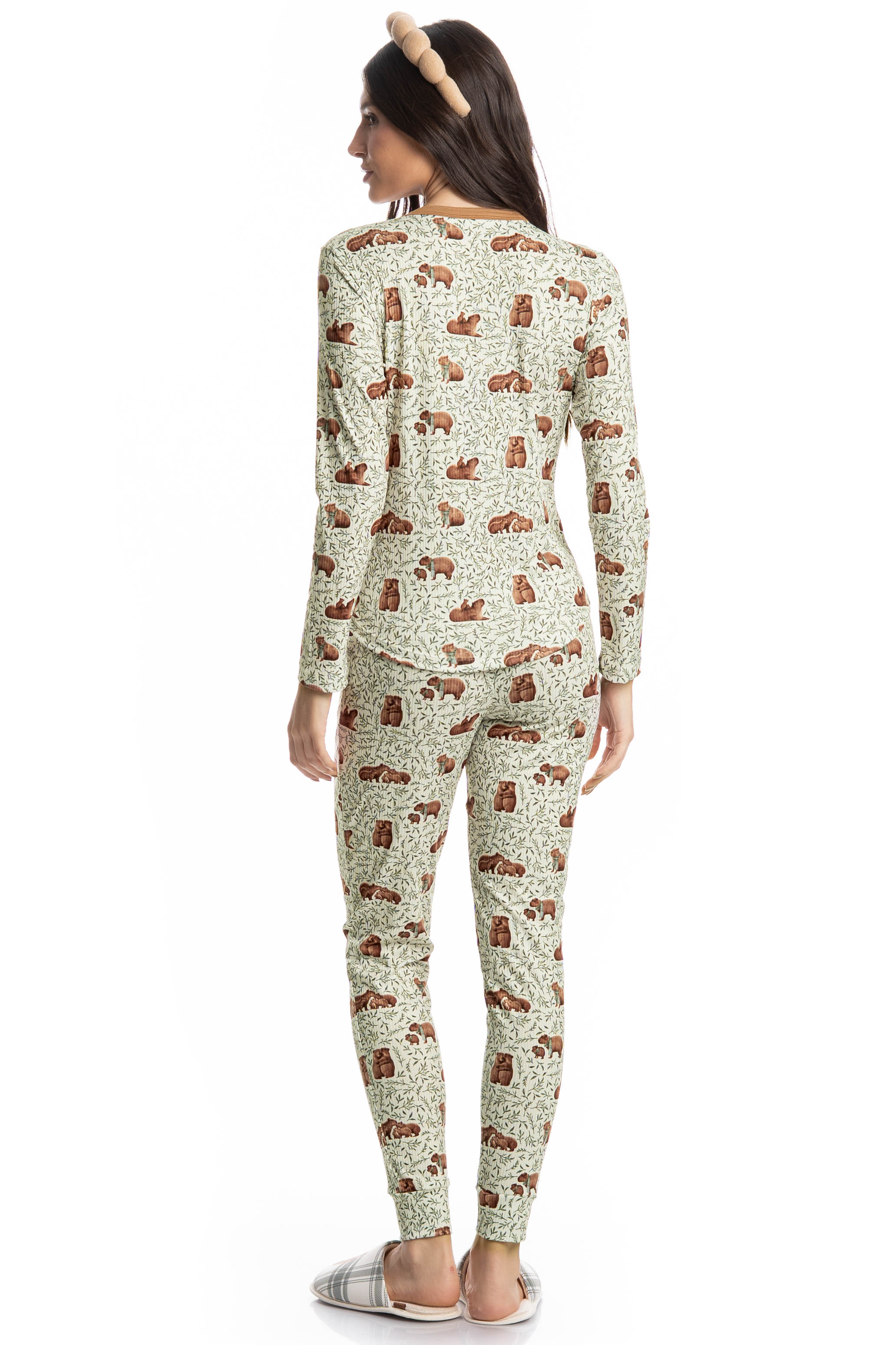 Pijama Feminino Longo Slim Capivara Branco - Imagem 2
