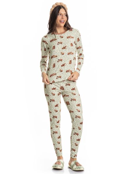 Pijama Feminino Longo Slim Capivara Branco - Imagem 1