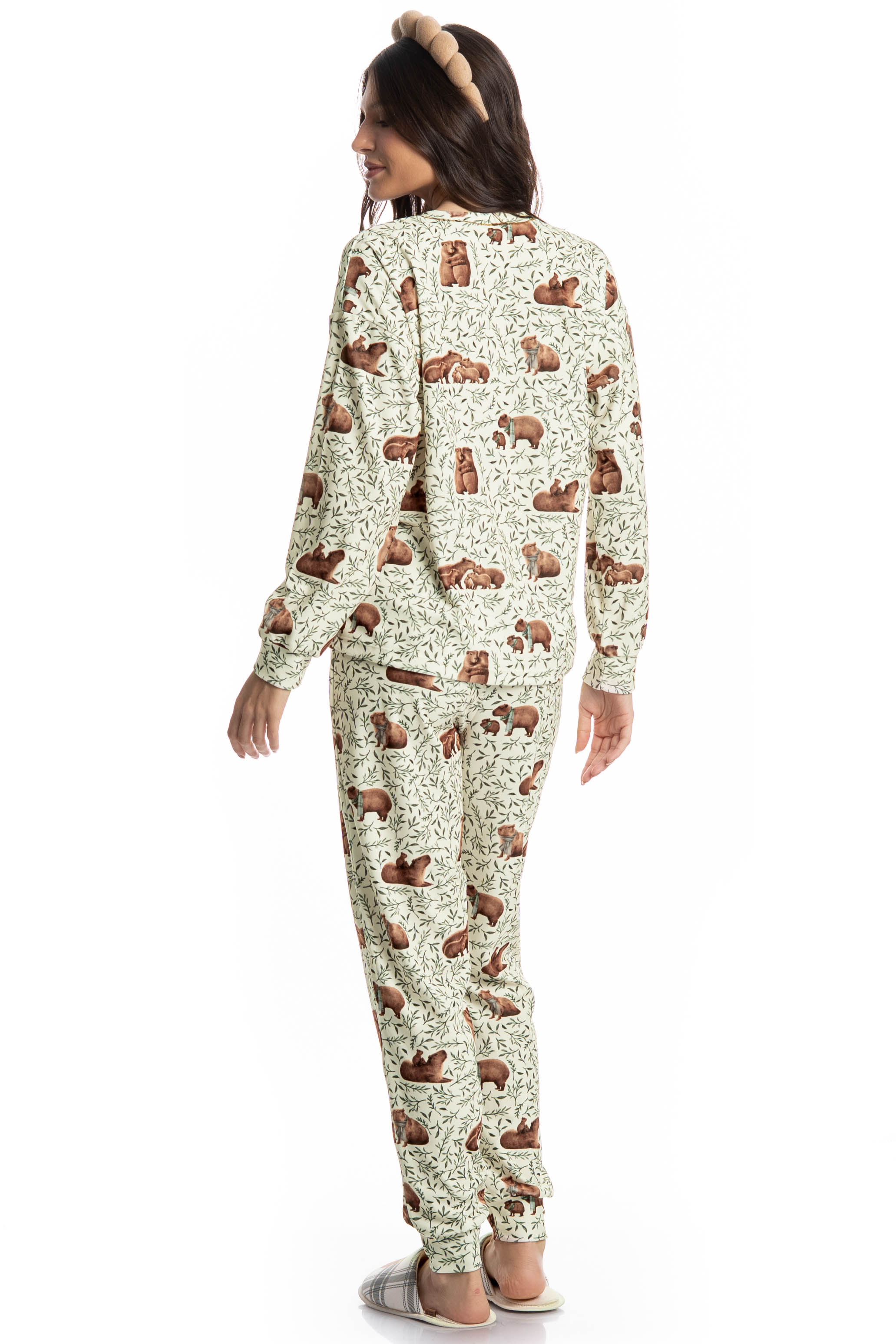 Pijama Feminino Longo Velvet Capivara Branco - Imagem 2