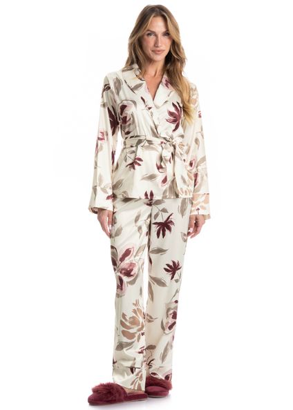 Pijama Feminino Longo Flora Vermelho - Imagem 1