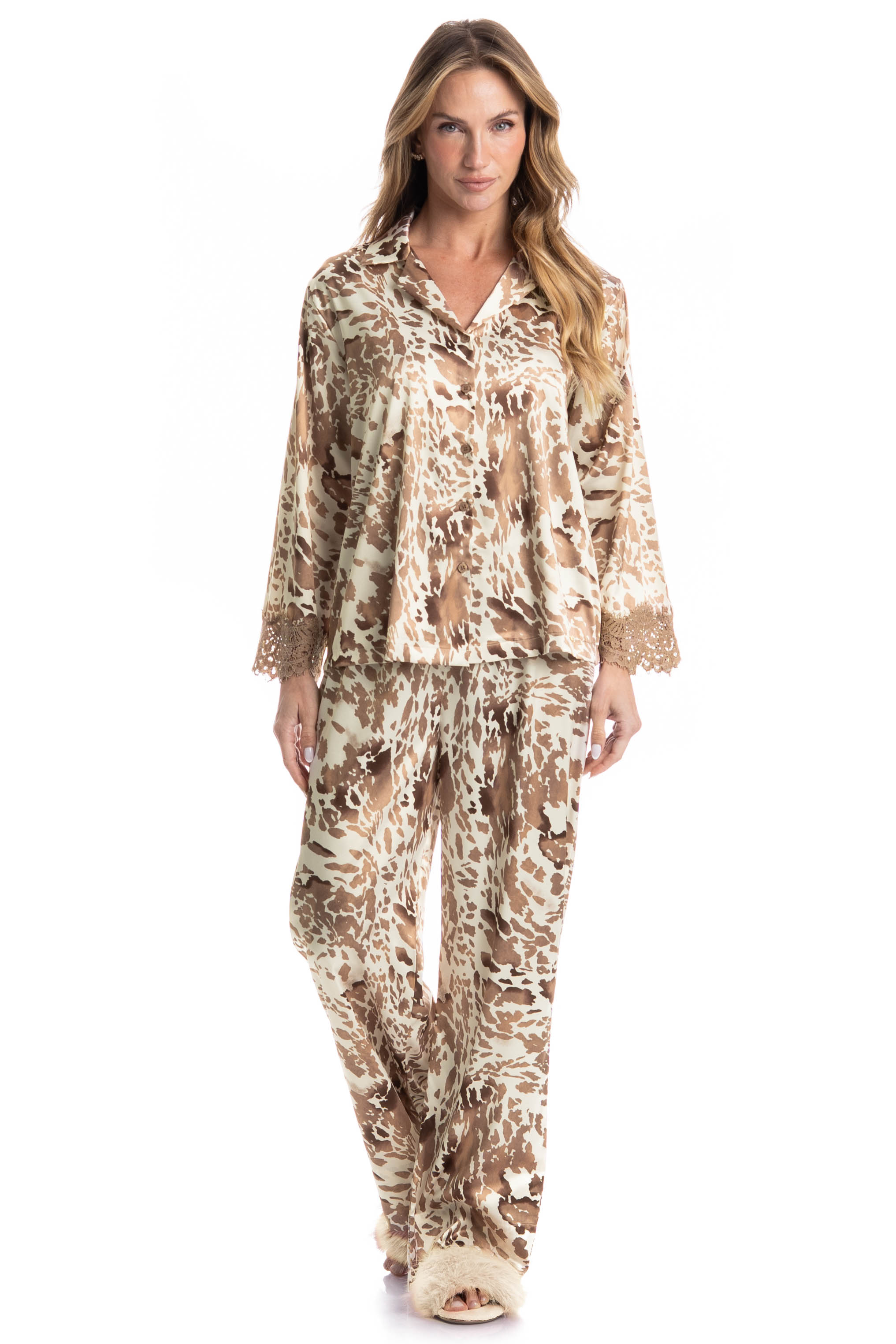 Pijama Feminino Longo Americano Hera Bege - Imagem 1