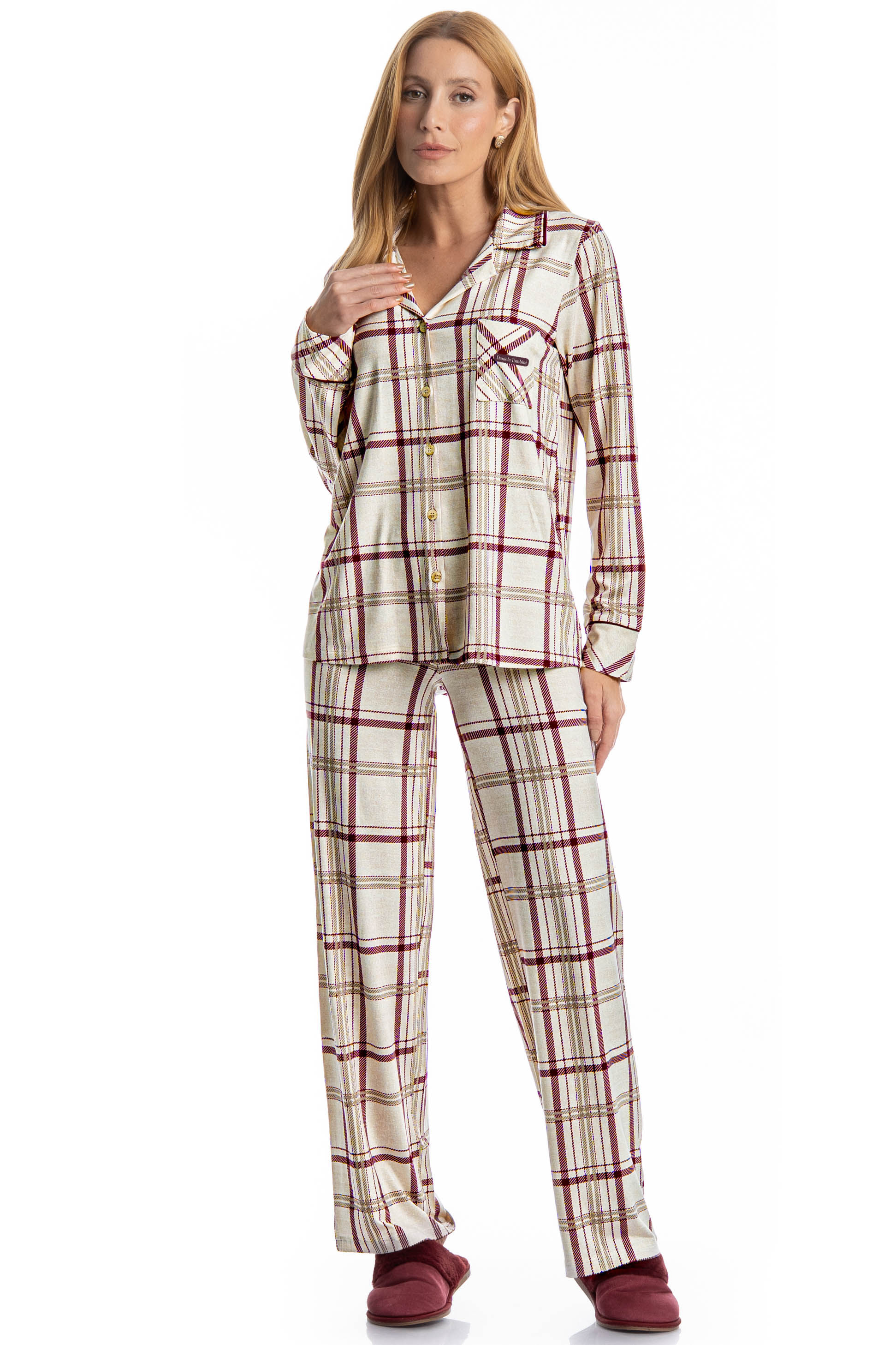 Pijama Feminino Longo Americano Jaque Branco - Imagem 1