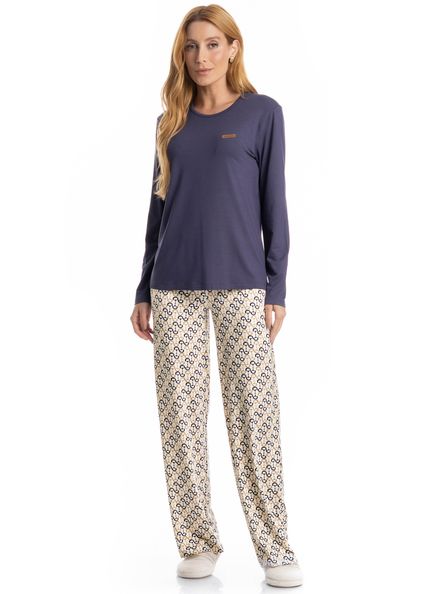 Pijama Feminino Longo Rebeca Azul-marinho - Imagem 1